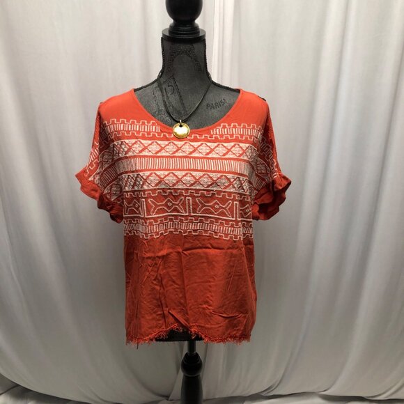 Entro Top Womens Size Medium Short Sleeve Orange White Embroidered Cutout Back - Picture 1 of 7
